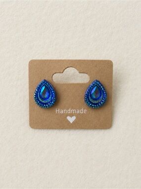 Handmade Blue Iridescent Teardrop Stud Earrings ~ Shimmering Peacock Blue Resin